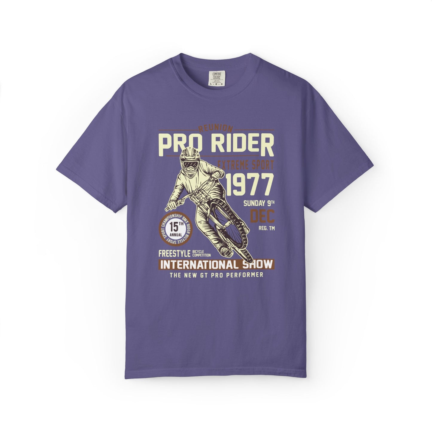 Vintage Reunion Pro Rider Extreme Sport 1977 Free Style Retro Bicycle Two Wheeled Adventure Unisex Heavy Cotton T-Shirt