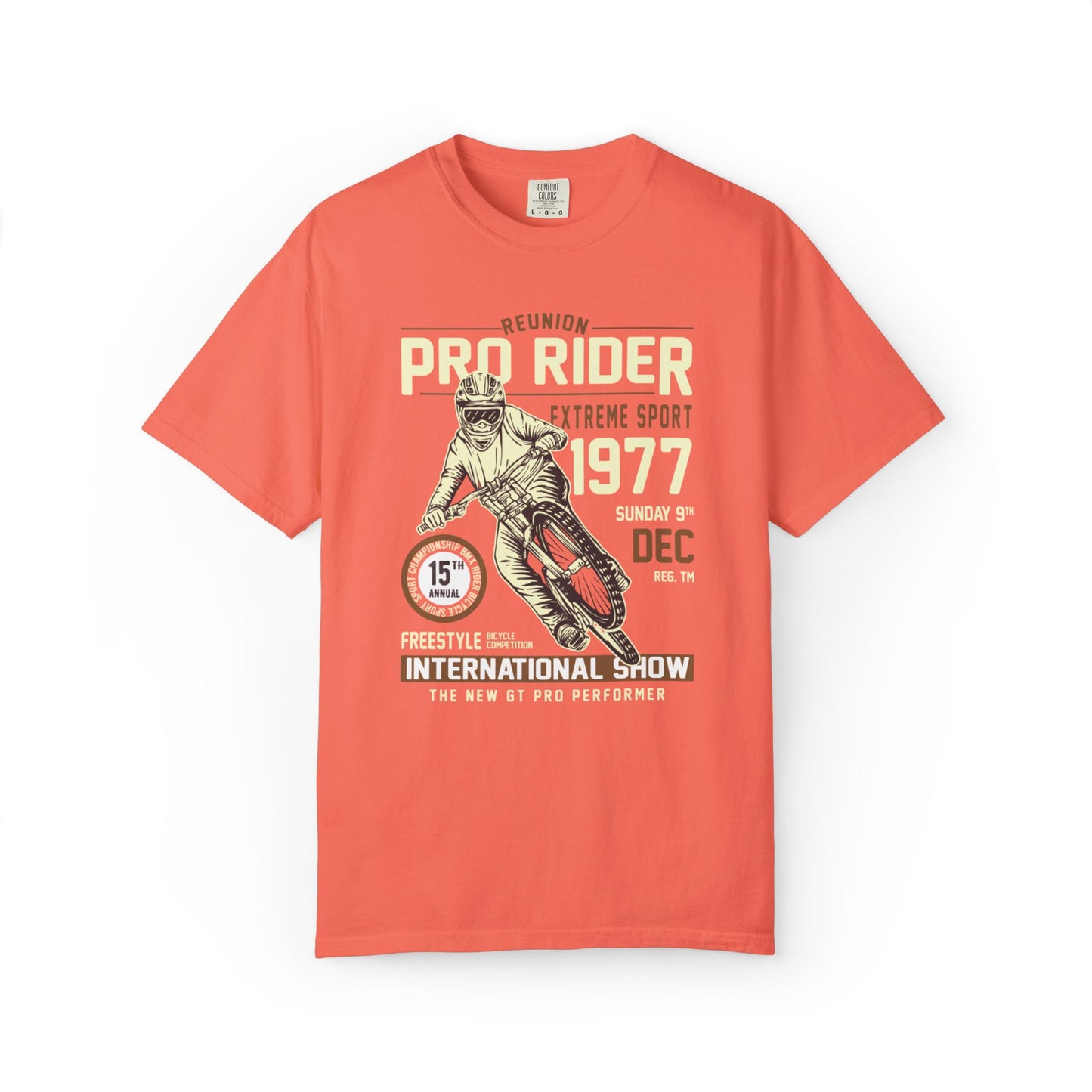 Vintage Reunion Pro Rider Extreme Sport 1977 Free Style Retro Bicycle Two Wheeled Adventure Unisex Heavy Cotton T-Shirt