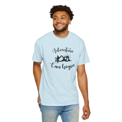 Adventure Can Begin Trendy Tee Enjoyment Mountain Hut Belays Ropes Fun Activities Exploring Unisex Heavy Cotton T-Shirt