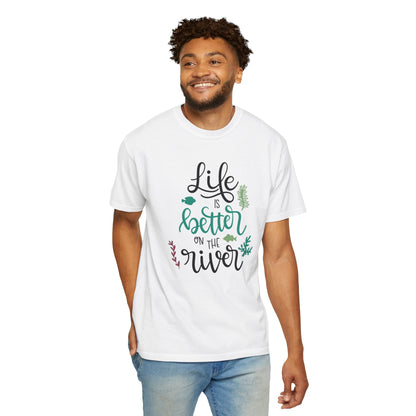 Life Is Better On The River Sand Seashells Waves Tee Elegance Glasses Amazing Fishes Unisex Heavy Cotton T-Shirt