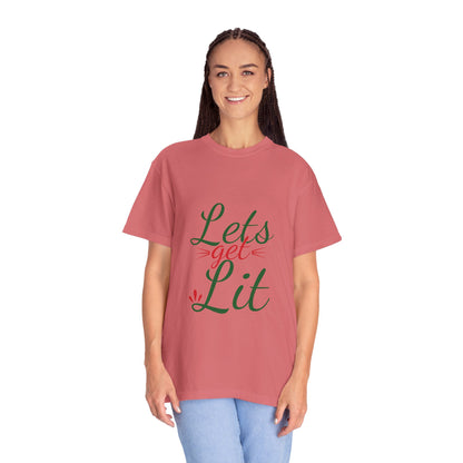 Let’s Get Lit Sparkly Bows Merry Christmas New Year Celebration Festive Season Xmas Tree Fireworks Unisex Heavy Cotton T-Shirt