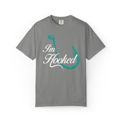 Funny I’m Hooked Rod and Reel Tackle Box Catch Of The Day Sarcastic Fishing Adventure Unisex Heavy Cotton T-Shirt