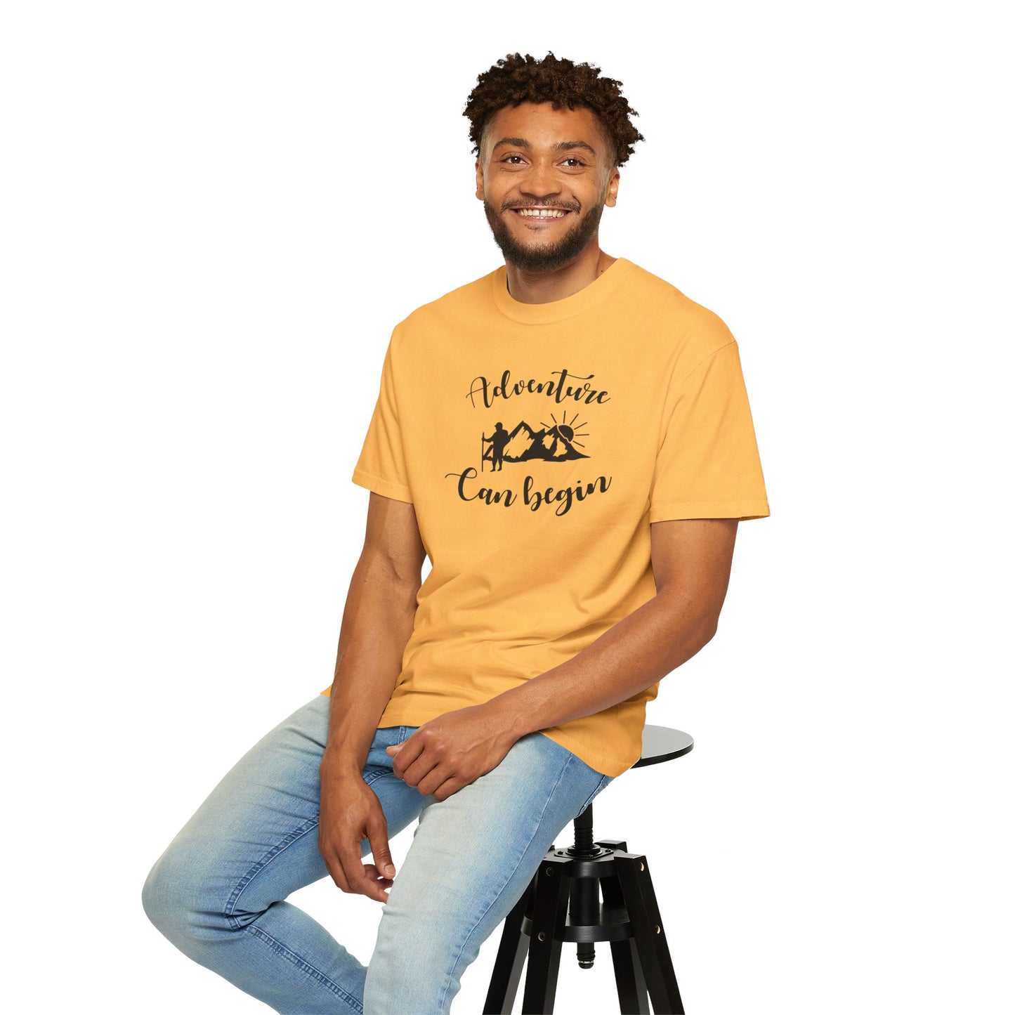 Adventure Can Begin Trendy Tee Enjoyment Mountain Hut Belays Ropes Fun Activities Exploring Unisex Heavy Cotton T-Shirt