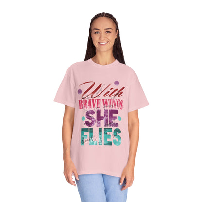 With Brave Wings She Flies Encouragement Self-belief Tee Moral Support Hopefulness Positivity High Achievements Unisex Heavy Cotton T-Shirt