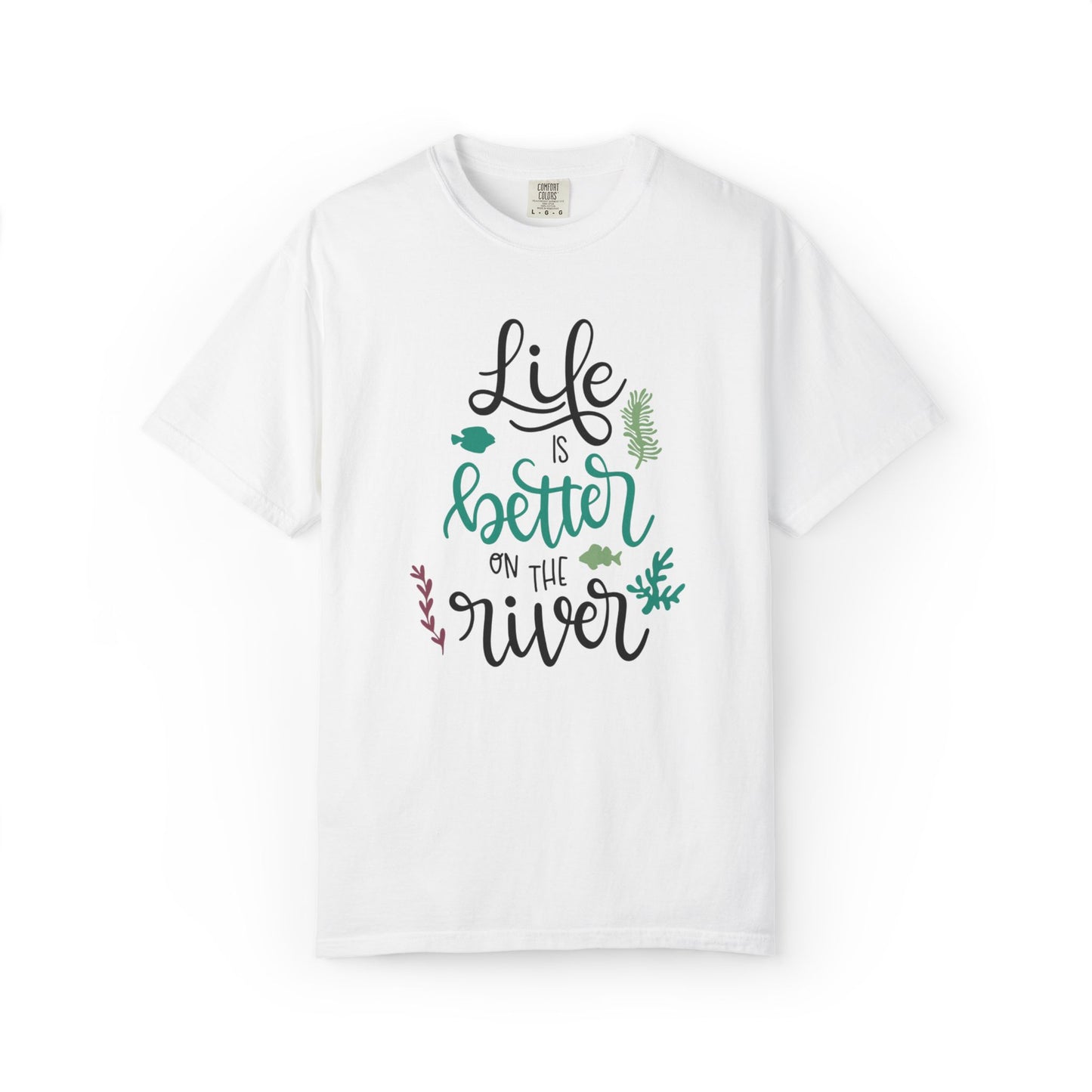 Life Is Better On The River Sand Seashells Waves Tee Elegance Glasses Amazing Fishes Unisex Heavy Cotton T-Shirt