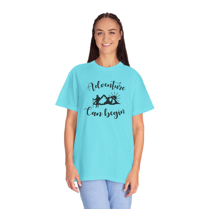 Adventure Can Begin Trendy Tee Enjoyment Mountain Hut Belays Ropes Fun Activities Exploring Unisex Heavy Cotton T-Shirt