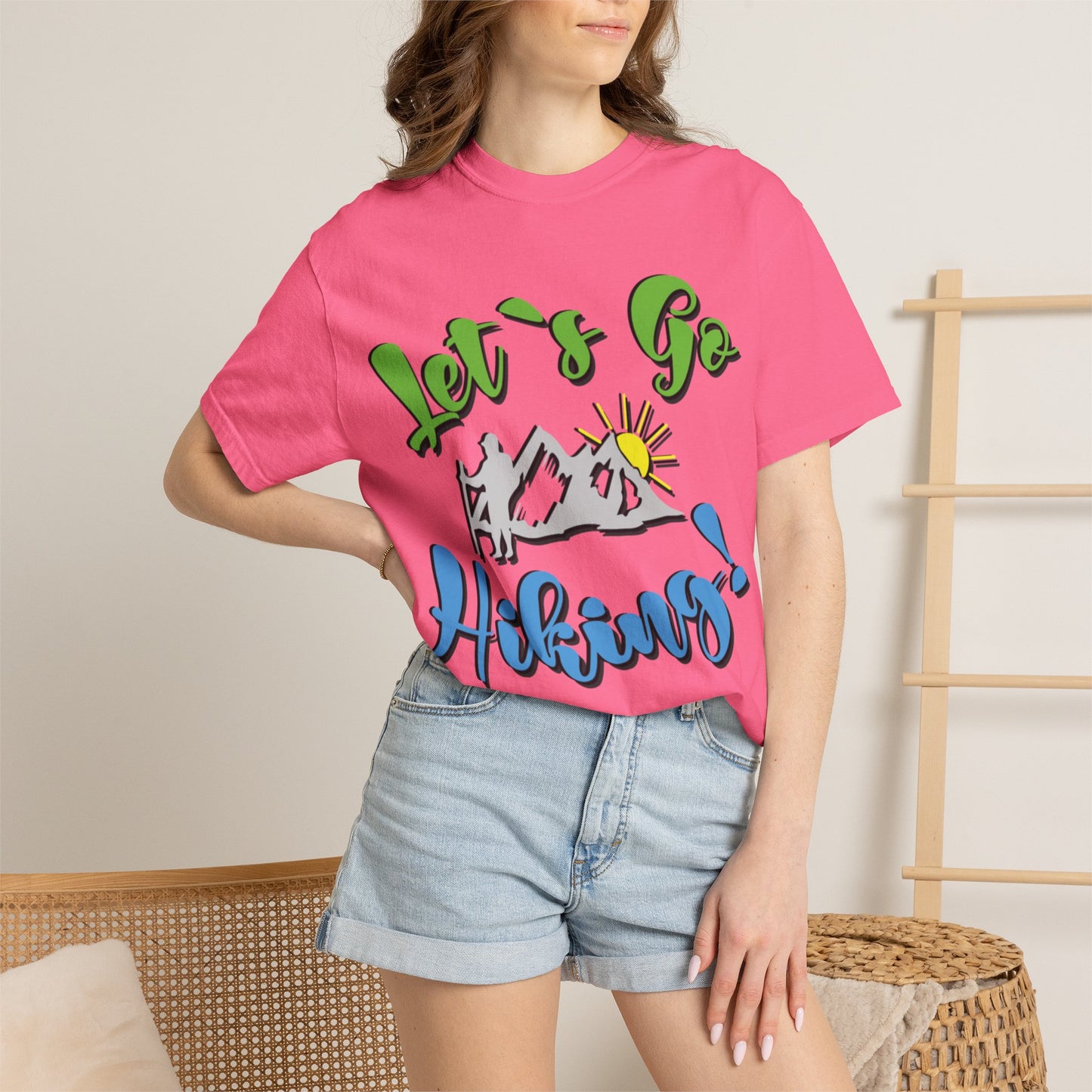 Let’s Go Hiking! Trendy Tee Adventure Mountain Hut Fun Activities Unisex Heavy Cotton T-Shirt