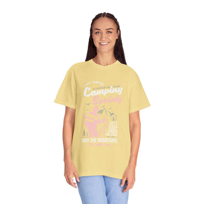 Funny Camping Society I Love Camping Enthusiastic Traveler Sarcastic Adventure Birds In The Mountains Unisex Heavy Cotton T-Shirt