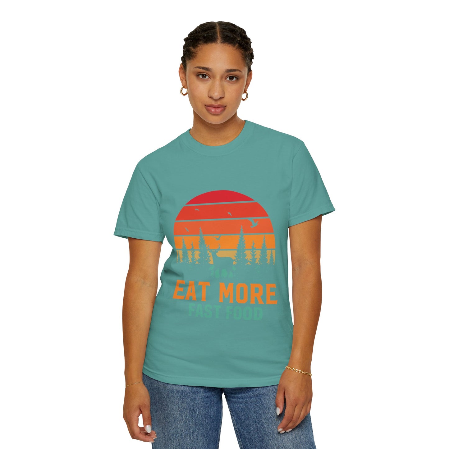 Funny Eat More Fast Food Quick Meals Fried Chicken Burgers Hunting Season Sarcastic Forest Deer Hunting Unisex Heavy Cotton T-Shirt