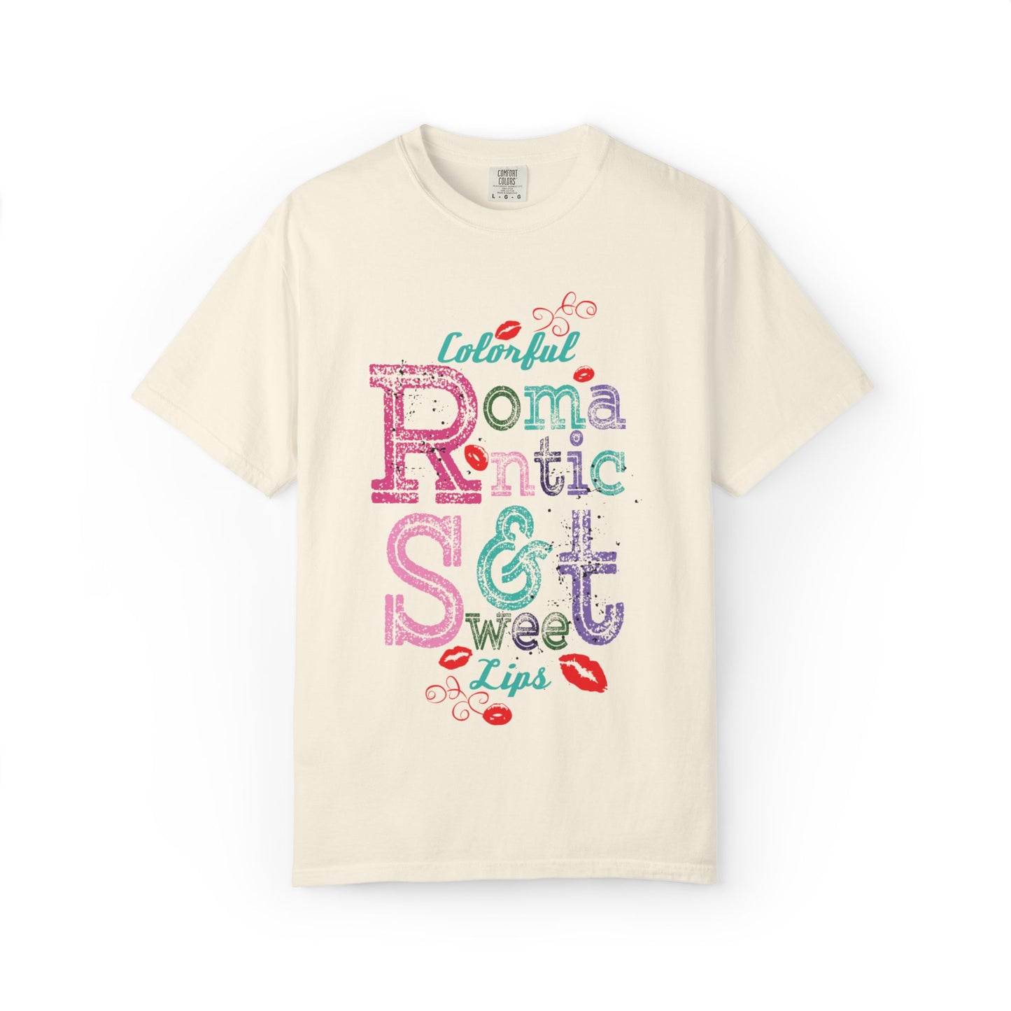 Colorful Romantic & Sweet Lips Affection Lovers Tee Romantic Relationship Forever Strawberry-Tinted Kisses Satin Softness Unisex Heavy Cotton T-Shirt