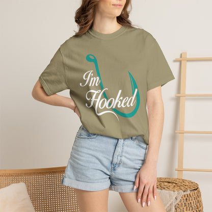Funny I’m Hooked Rod and Reel Tackle Box Catch Of The Day Sarcastic Fishing Adventure Unisex Heavy Cotton T-Shirt