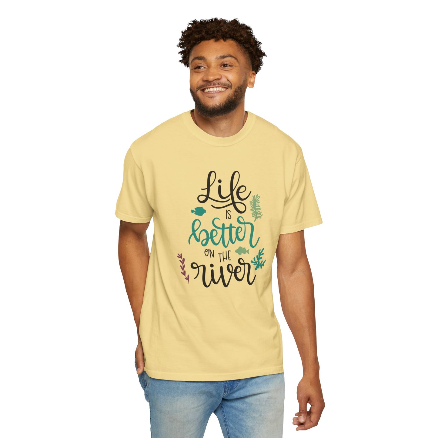 Life Is Better On The River Sand Seashells Waves Tee Elegance Glasses Amazing Fishes Unisex Heavy Cotton T-Shirt