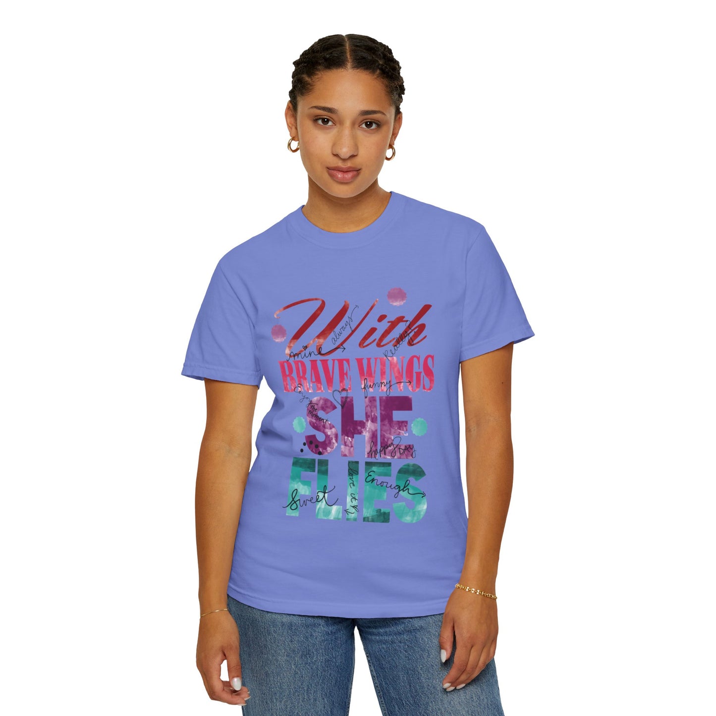 With Brave Wings She Flies Encouragement Self-belief Tee Moral Support Hopefulness Positivity High Achievements Unisex Heavy Cotton T-Shirt