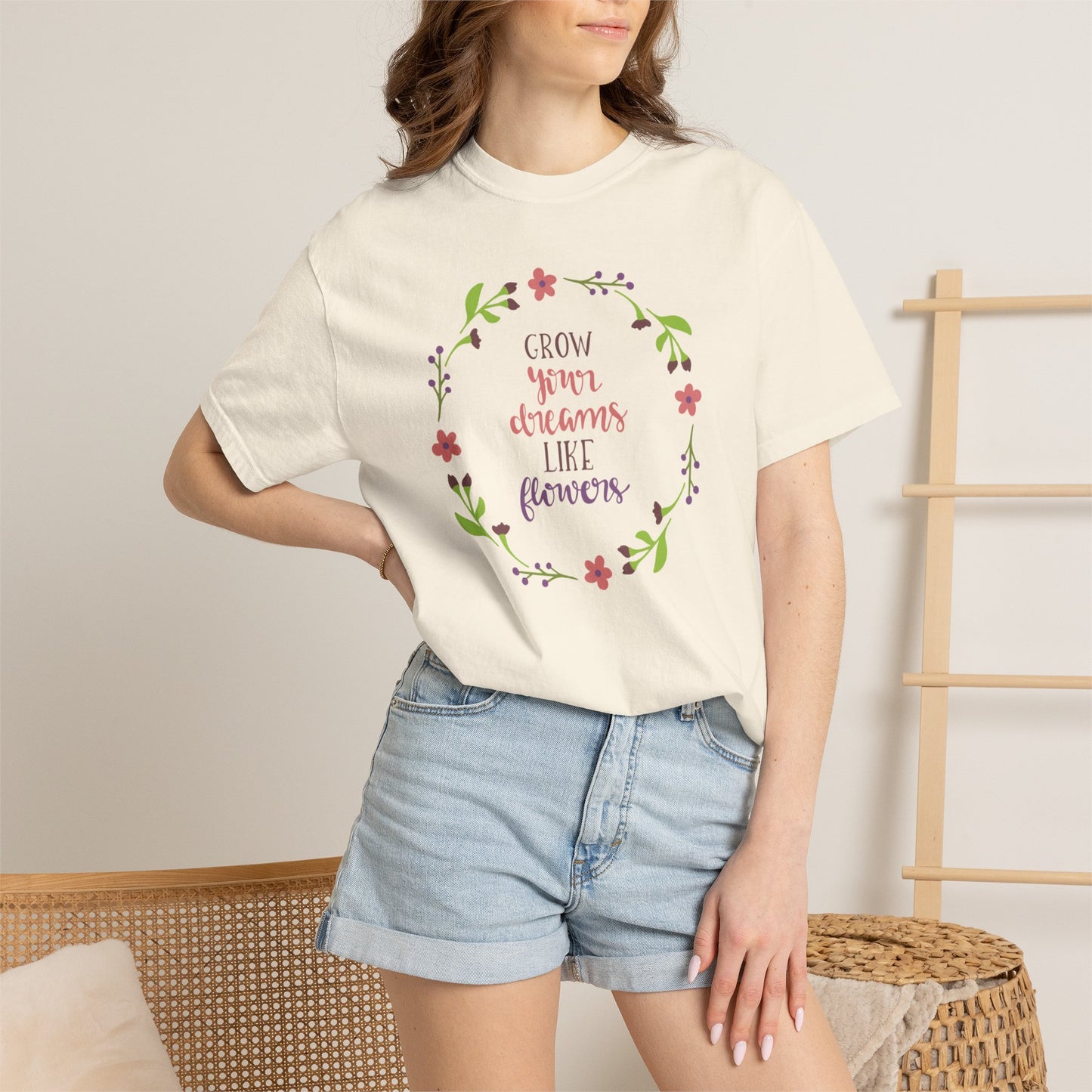Grow Your Dreams Like Flower Inspiration Tee Goal-Setting Nurturing Ambition Blooming Aspiration Unisex Heavy Cotton T-Shirt