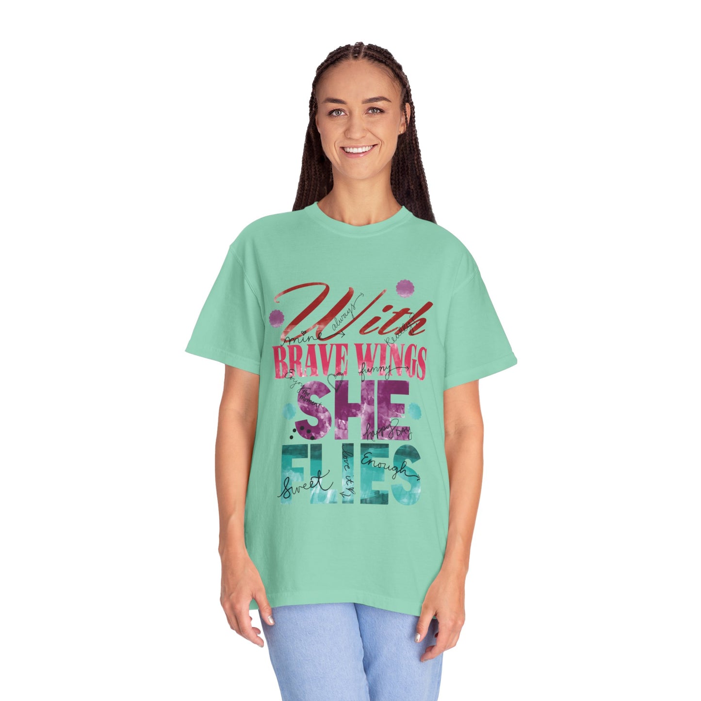With Brave Wings She Flies Encouragement Self-belief Tee Moral Support Hopefulness Positivity High Achievements Unisex Heavy Cotton T-Shirt