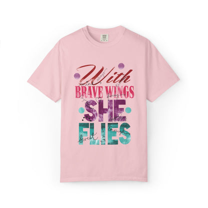 With Brave Wings She Flies Encouragement Self-belief Tee Moral Support Hopefulness Positivity High Achievements Unisex Heavy Cotton T-Shirt
