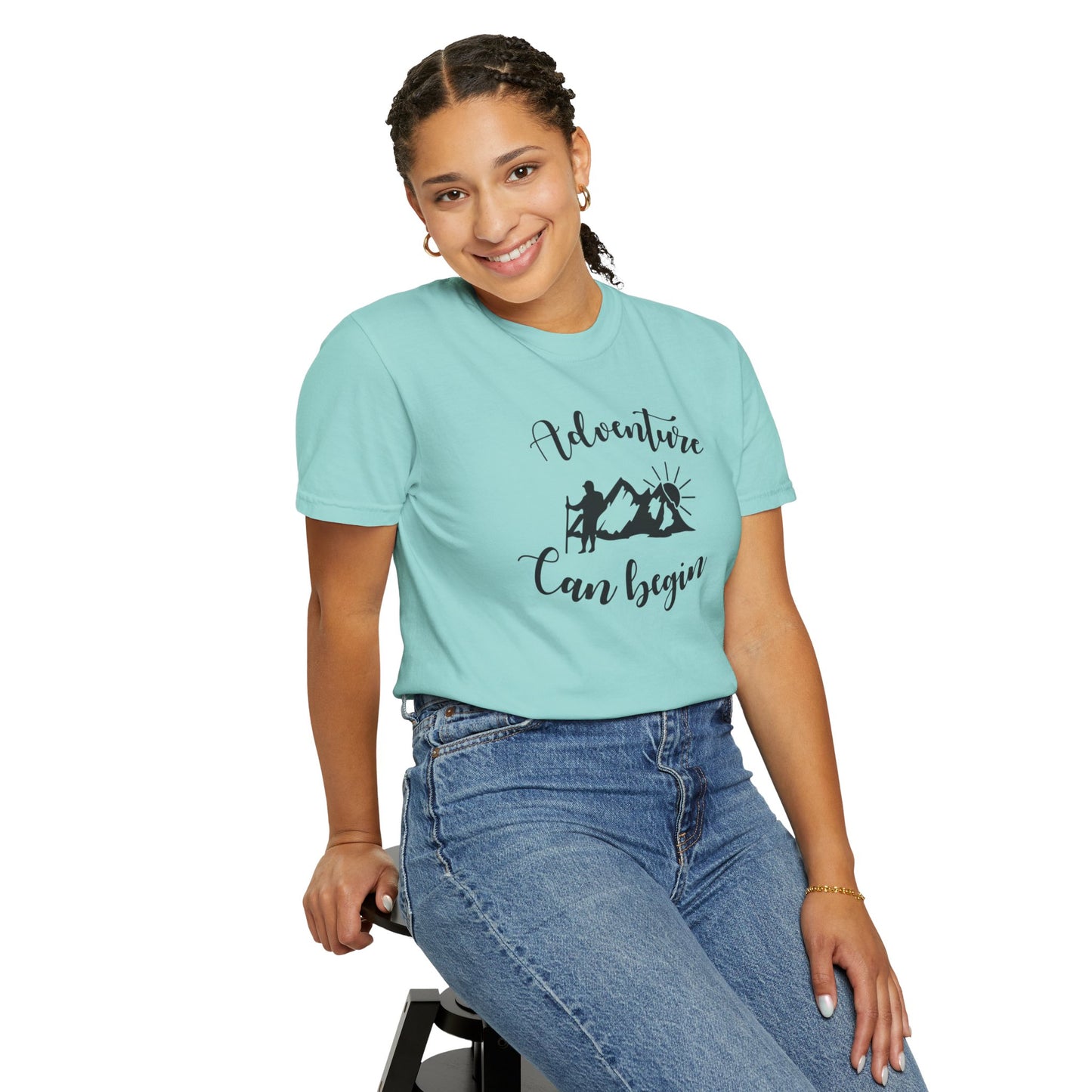 Adventure Can Begin Trendy Tee Enjoyment Mountain Hut Belays Ropes Fun Activities Exploring Unisex Heavy Cotton T-Shirt