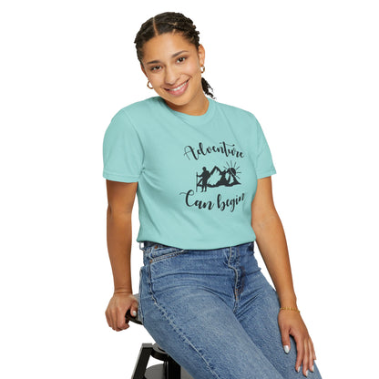 Adventure Can Begin Trendy Tee Enjoyment Mountain Hut Belays Ropes Fun Activities Exploring Unisex Heavy Cotton T-Shirt