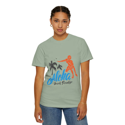 Funny Aloha Beach Paradise White Sand Coconut Tress Beach Party Beach Bar Beach Surfers Unisex Heavy Cotton T-Shirt