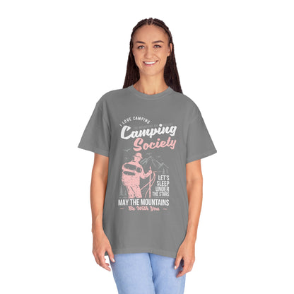 Funny Camping Society I Love Camping Enthusiastic Traveler Sarcastic Adventure Birds In The Mountains Unisex Heavy Cotton T-Shirt