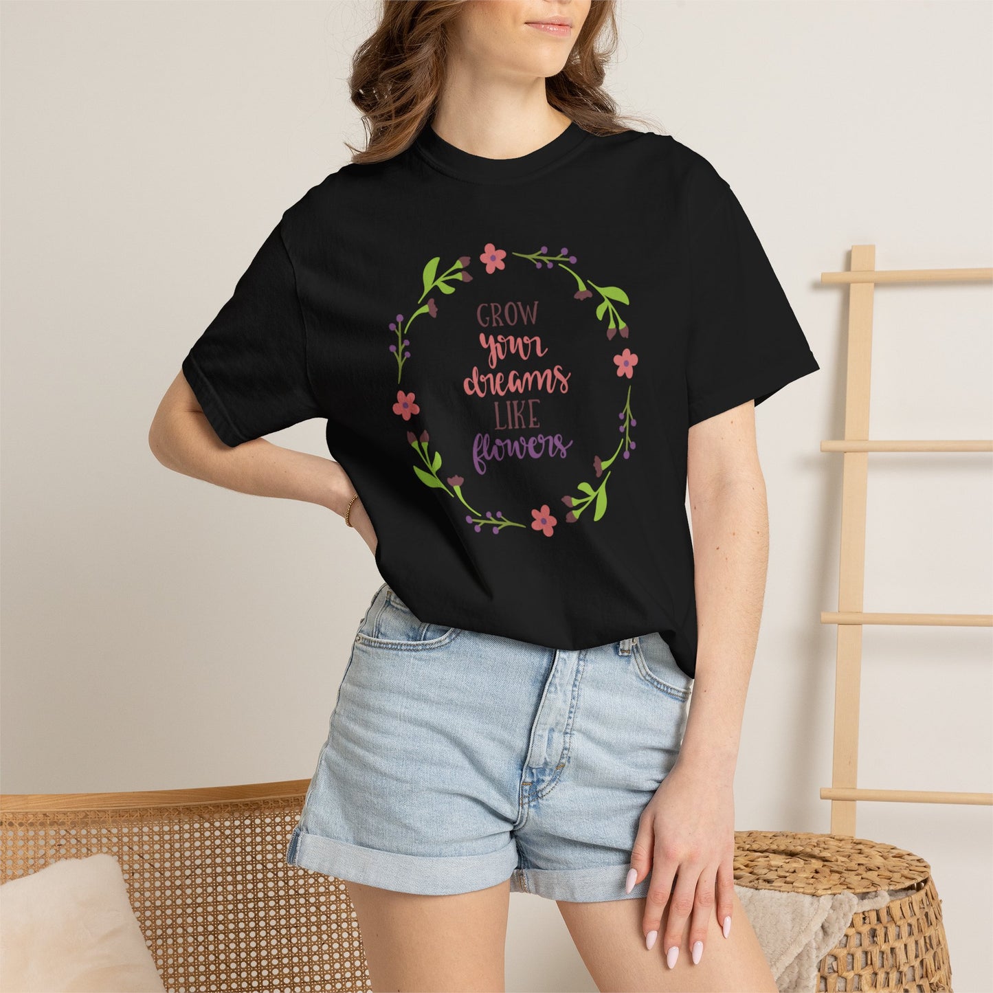 Grow Your Dreams Like Flower Inspiration Tee Goal-Setting Nurturing Ambition Blooming Aspiration Unisex Heavy Cotton T-Shirt