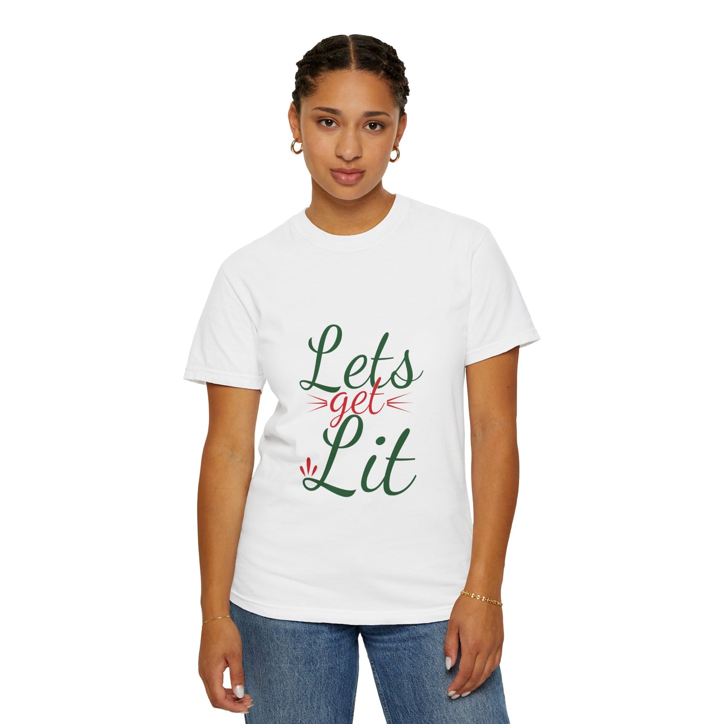 Let’s Get Lit Sparkly Bows Merry Christmas New Year Celebration Festive Season Xmas Tree Fireworks Unisex Heavy Cotton T-Shirt