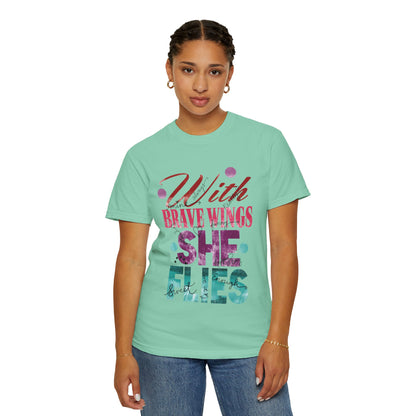 With Brave Wings She Flies Encouragement Self-belief Tee Moral Support Hopefulness Positivity High Achievements Unisex Heavy Cotton T-Shirt