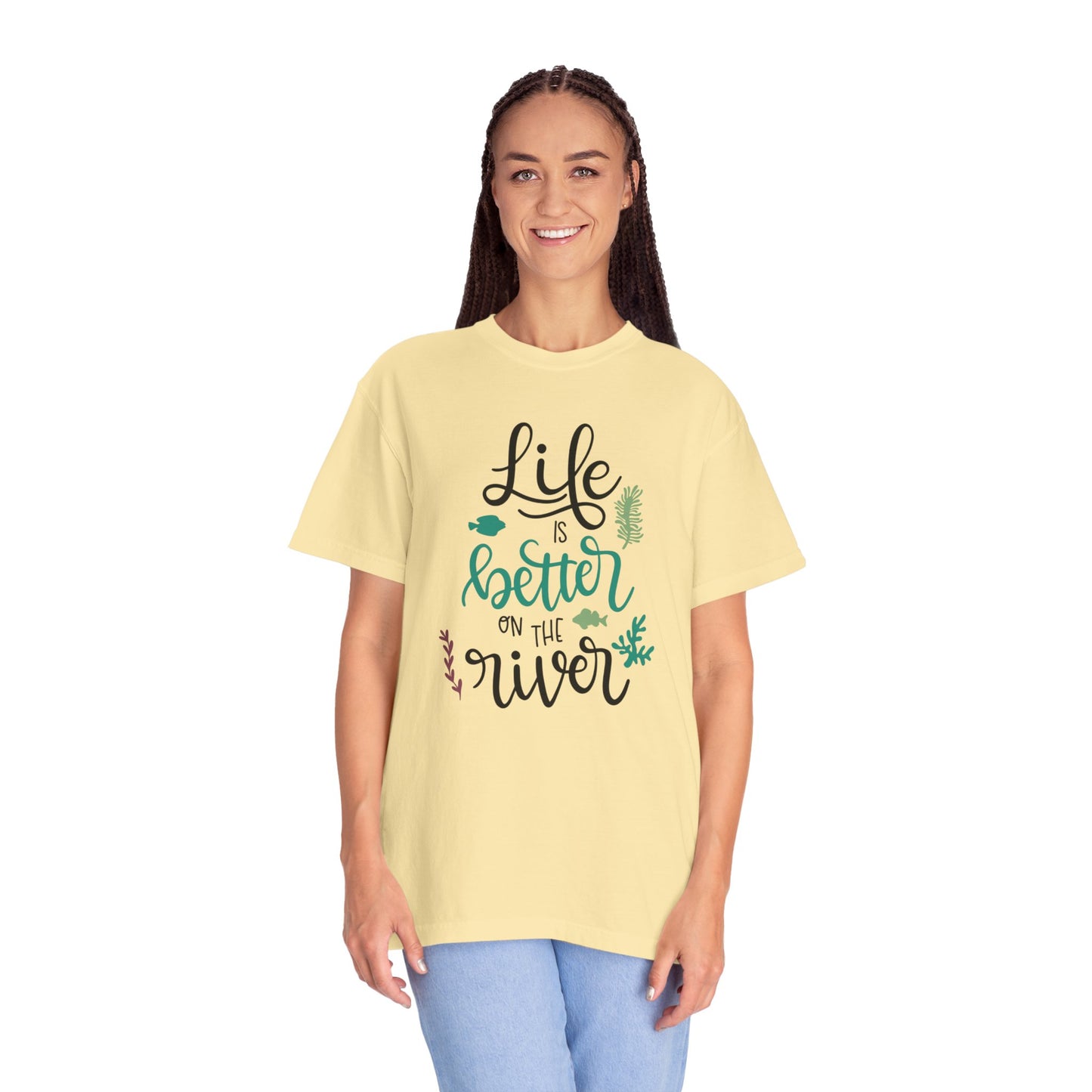 Life Is Better On The River Sand Seashells Waves Tee Elegance Glasses Amazing Fishes Unisex Heavy Cotton T-Shirt