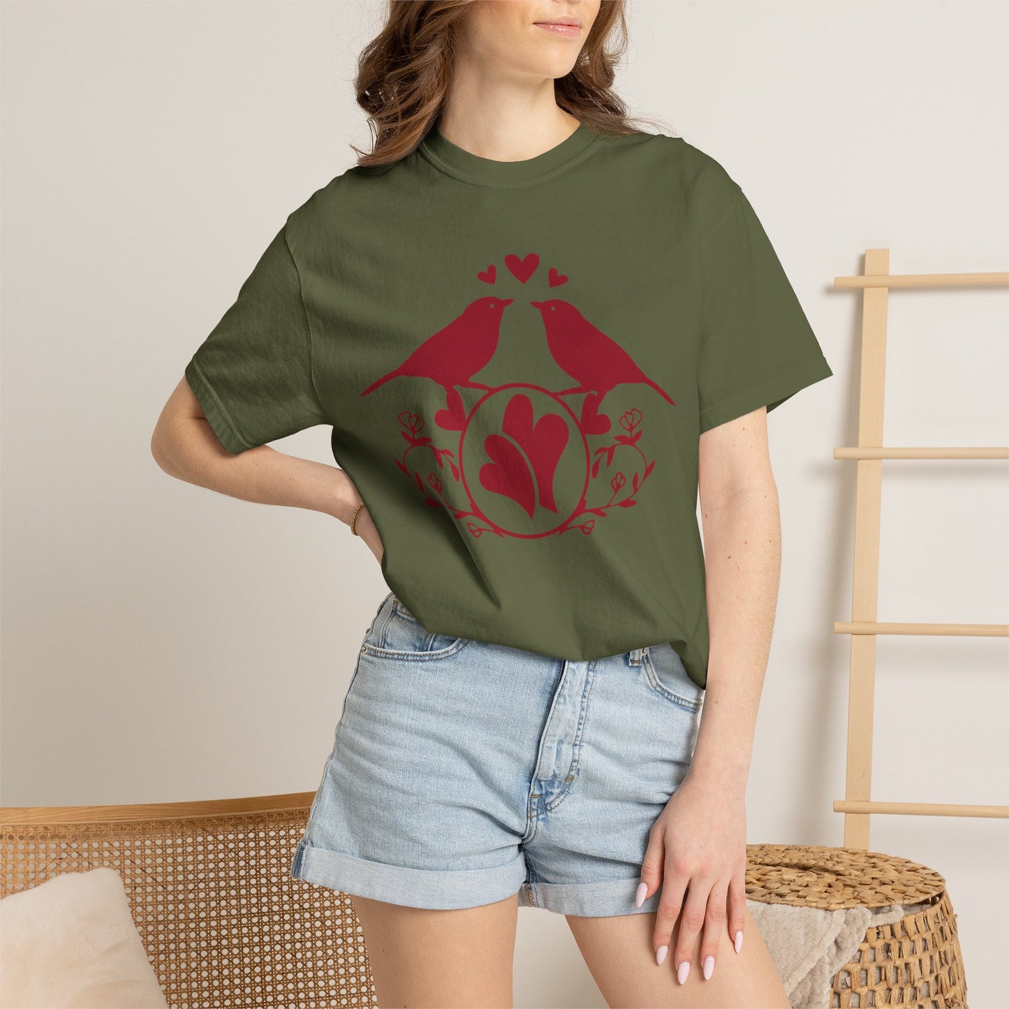 Romantic Love Birds Monogram Boundless Love Affection Lover’s Tee Infinite Bliss Butterfly Kisses Evergreen Romance Unisex Heavy Cotton T-Shirt