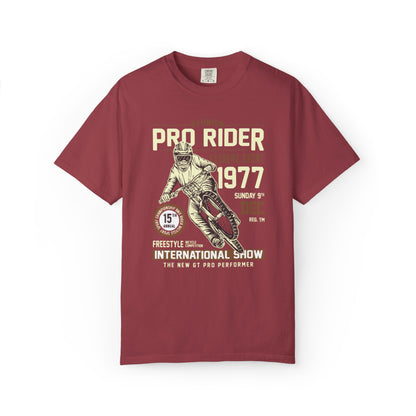 Vintage Reunion Pro Rider Extreme Sport 1977 Free Style Retro Bicycle Two Wheeled Adventure Unisex Heavy Cotton T-Shirt