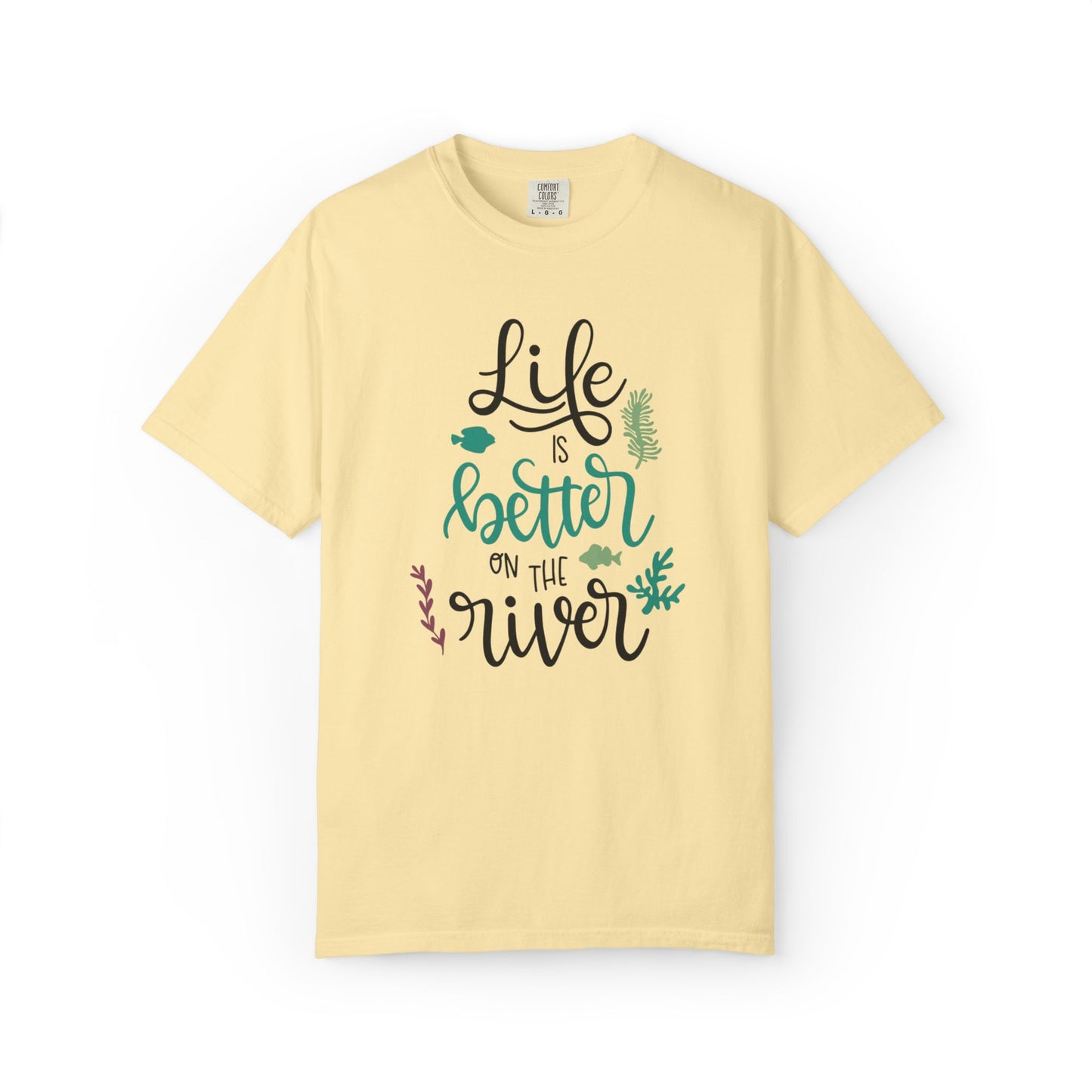 Life Is Better On The River Sand Seashells Waves Tee Elegance Glasses Amazing Fishes Unisex Heavy Cotton T-Shirt