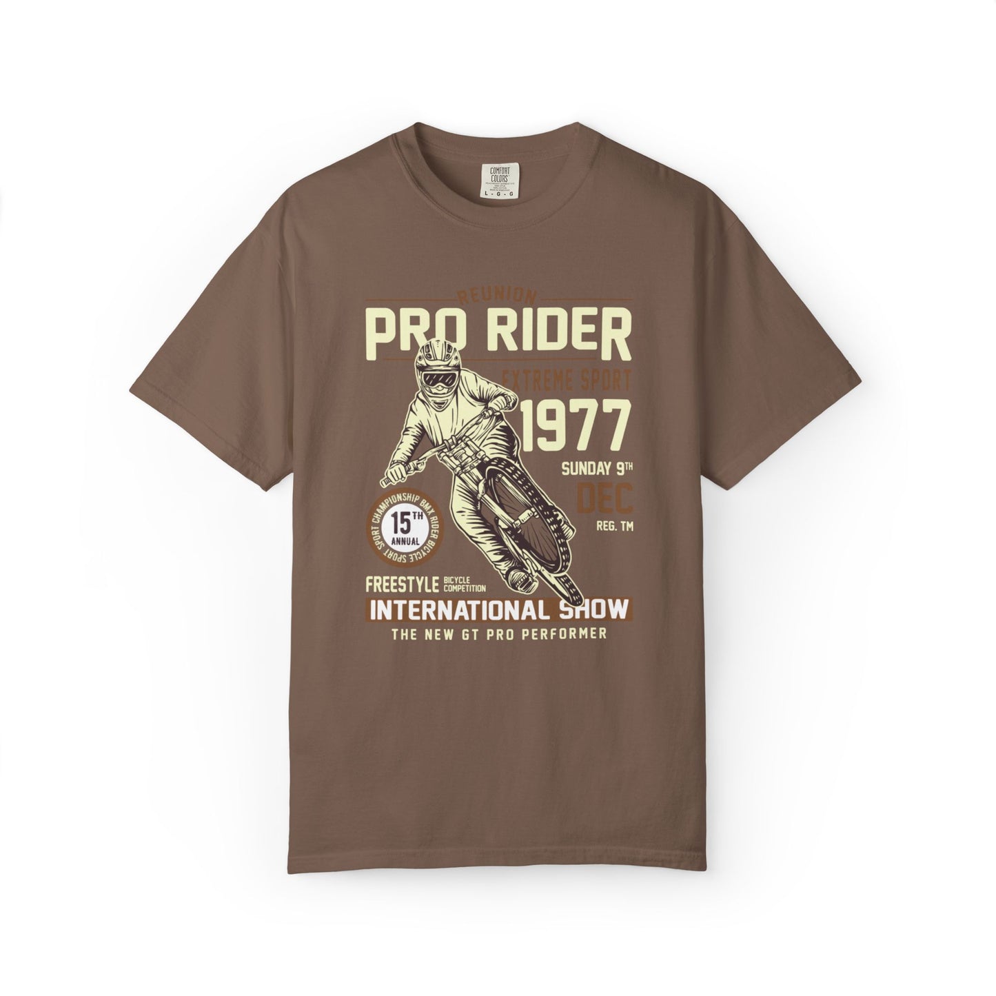 Vintage Reunion Pro Rider Extreme Sport 1977 Free Style Retro Bicycle Two Wheeled Adventure Unisex Heavy Cotton T-Shirt