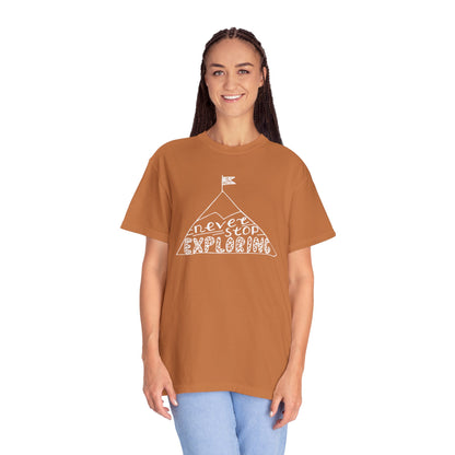 Never Stop Exploring Cool Tee Trekking Outdoor Adventure Hiking Nature Lover Rocks Climbing Unisex Heavy Cotton T-Shirt