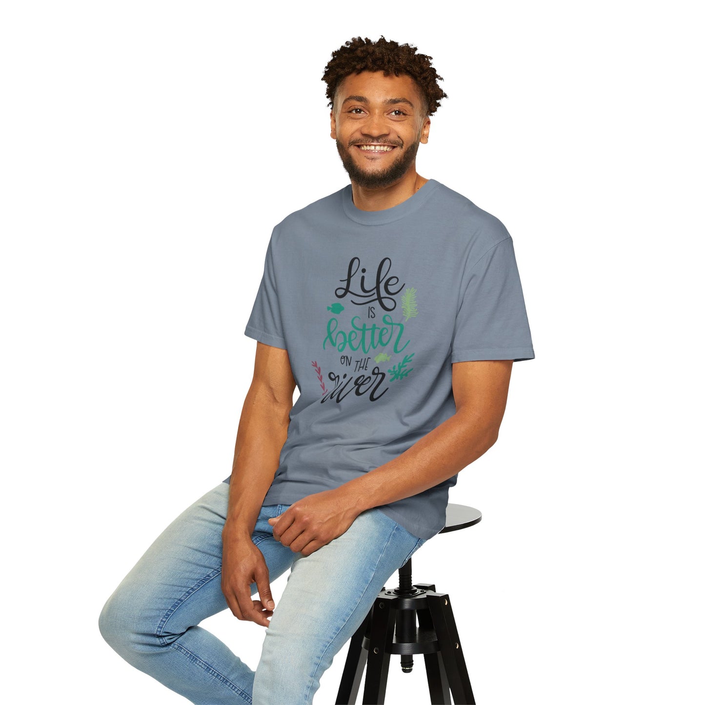Life Is Better On The River Sand Seashells Waves Tee Elegance Glasses Amazing Fishes Unisex Heavy Cotton T-Shirt