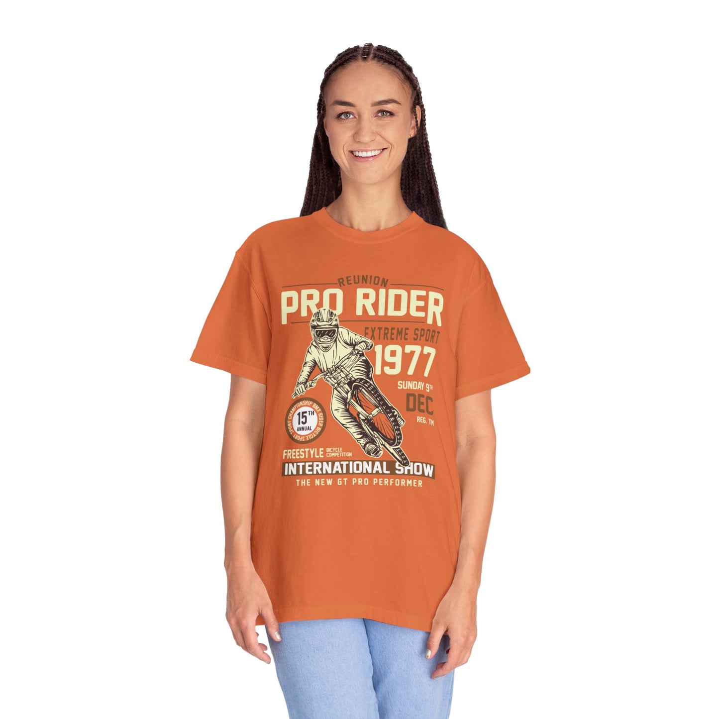 Vintage Reunion Pro Rider Extreme Sport 1977 Free Style Retro Bicycle Two Wheeled Adventure Unisex Heavy Cotton T-Shirt