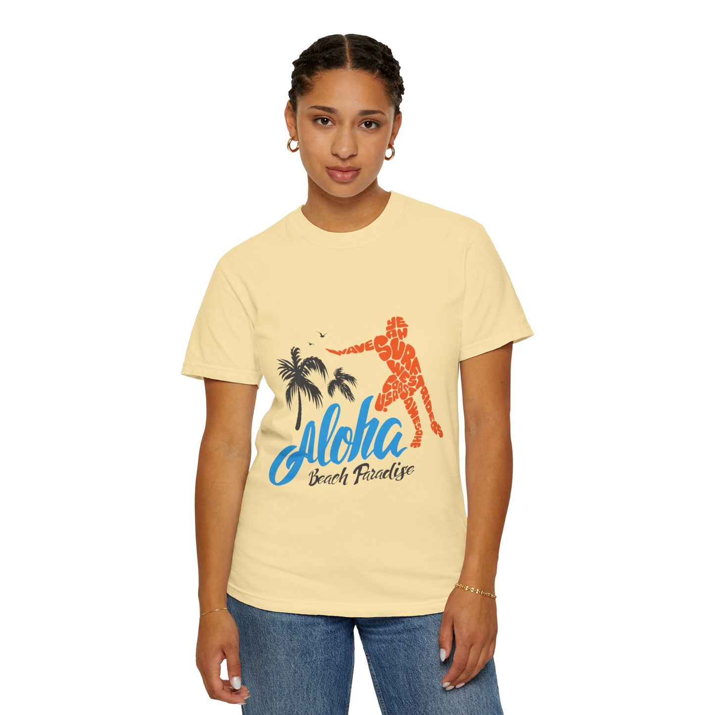 Funny Aloha Beach Paradise White Sand Coconut Tress Beach Party Beach Bar Beach Surfers Unisex Heavy Cotton T-Shirt