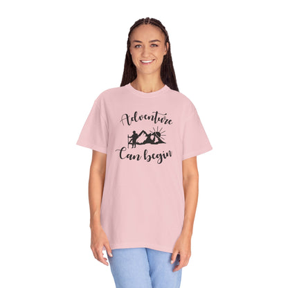 Adventure Can Begin Trendy Tee Enjoyment Mountain Hut Belays Ropes Fun Activities Exploring Unisex Heavy Cotton T-Shirt