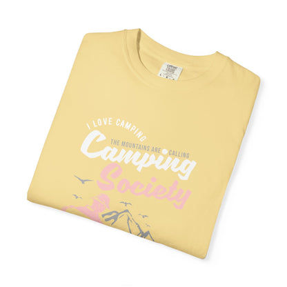 Funny Camping Society I Love Camping Enthusiastic Traveler Sarcastic Adventure Birds In The Mountains Unisex Heavy Cotton T-Shirt
