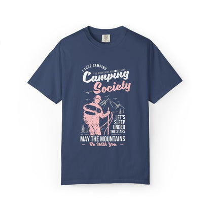 Funny Camping Society I Love Camping Enthusiastic Traveler Sarcastic Adventure Birds In The Mountains Unisex Heavy Cotton T-Shirt