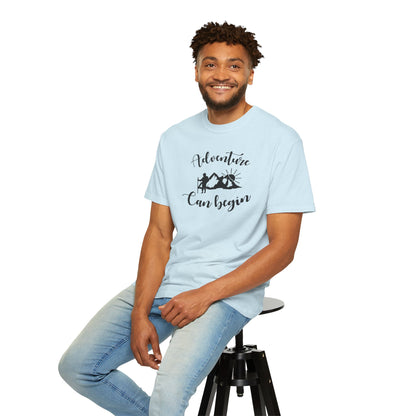 Adventure Can Begin Trendy Tee Enjoyment Mountain Hut Belays Ropes Fun Activities Exploring Unisex Heavy Cotton T-Shirt