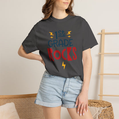 Funny 1st Grade Romeo Learning Legend Super Scholar Junior Geniuses Science Star Student’s Day Unisex Heavy Cotton T-Shirt
