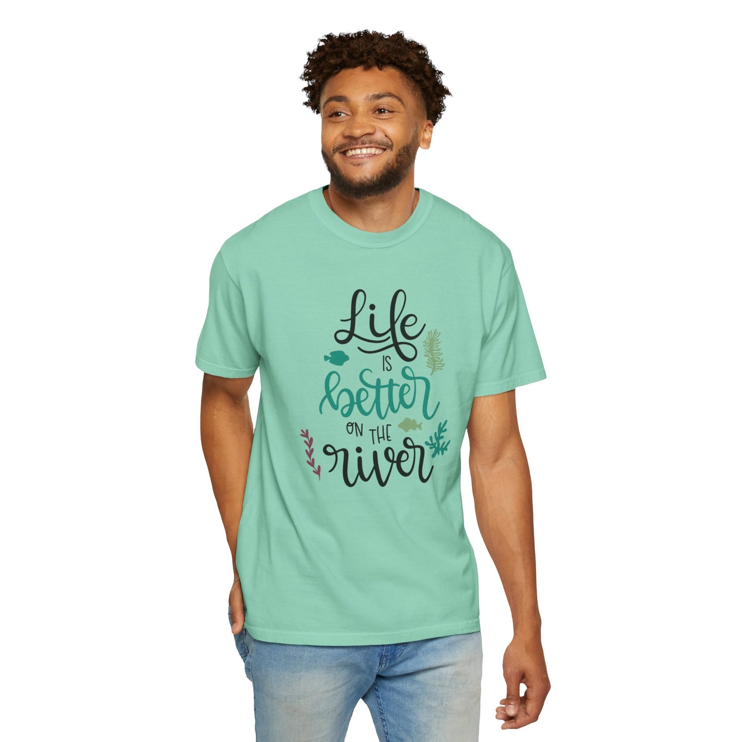 Life Is Better On The River Sand Seashells Waves Tee Elegance Glasses Amazing Fishes Unisex Heavy Cotton T-Shirt
