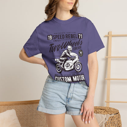 Speed Rebel Two Wheels Custom Engine Club Motorbike Lovers Trendy Tee High-speed Rider Adventure Racer Unisex Heavy Cotton T-Shirt