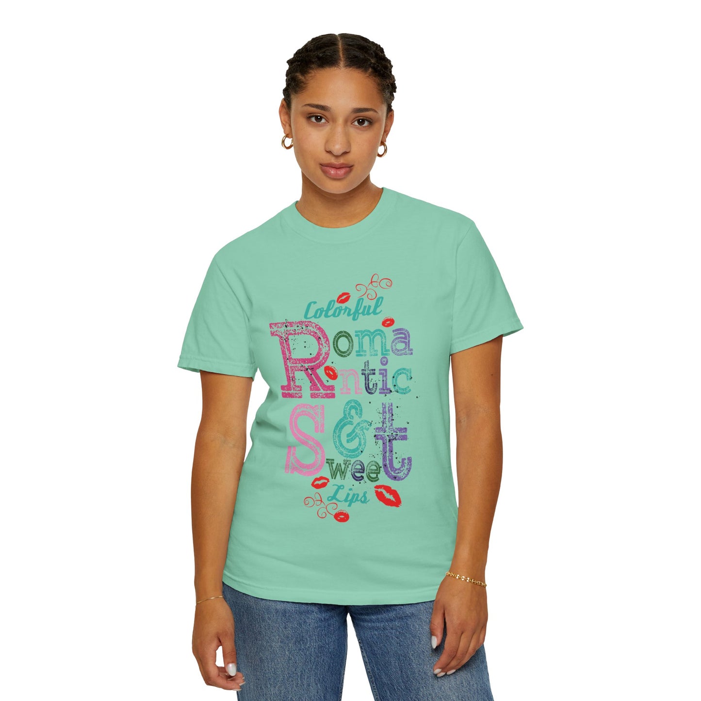 Colorful Romantic & Sweet Lips Affection Lovers Tee Romantic Relationship Forever Strawberry-Tinted Kisses Satin Softness Unisex Heavy Cotton T-Shirt