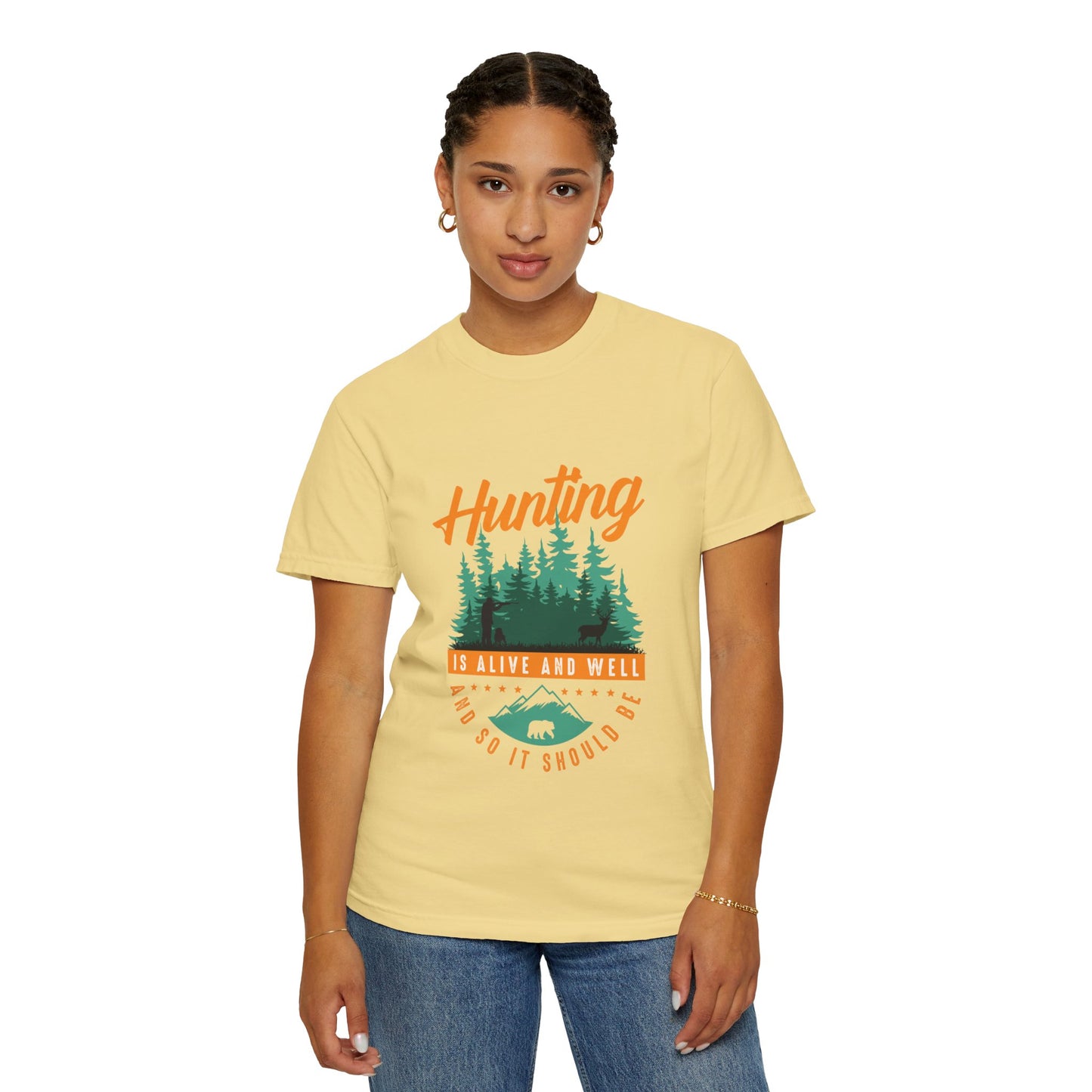 Funny Hunting Is Alive And Well Hunting Enthusiast Hunting Season Sarcastic Forest Wilderness Adventure Unisex Heavy Cotton T-Shirt