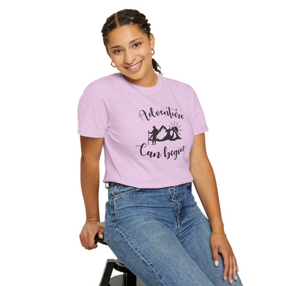Adventure Can Begin Trendy Tee Enjoyment Mountain Hut Belays Ropes Fun Activities Exploring Unisex Heavy Cotton T-Shirt