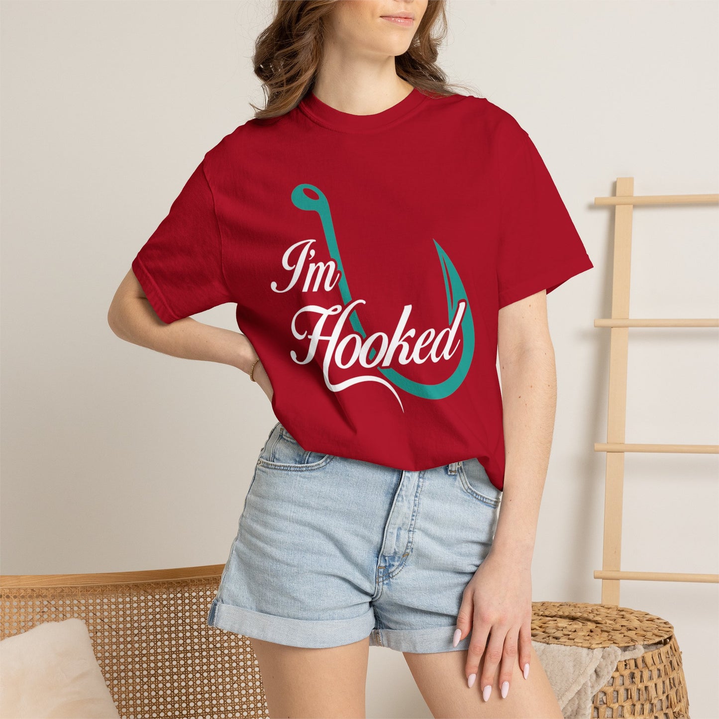 Funny I’m Hooked Rod and Reel Tackle Box Catch Of The Day Sarcastic Fishing Adventure Unisex Heavy Cotton T-Shirt