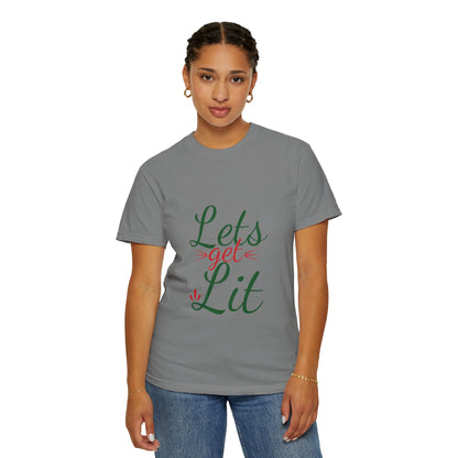 Let’s Get Lit Sparkly Bows Merry Christmas New Year Celebration Festive Season Xmas Tree Fireworks Unisex Heavy Cotton T-Shirt