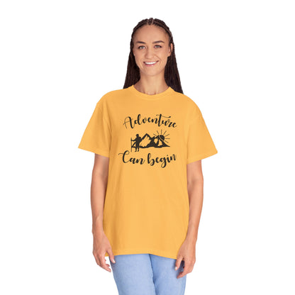 Adventure Can Begin Trendy Tee Enjoyment Mountain Hut Belays Ropes Fun Activities Exploring Unisex Heavy Cotton T-Shirt