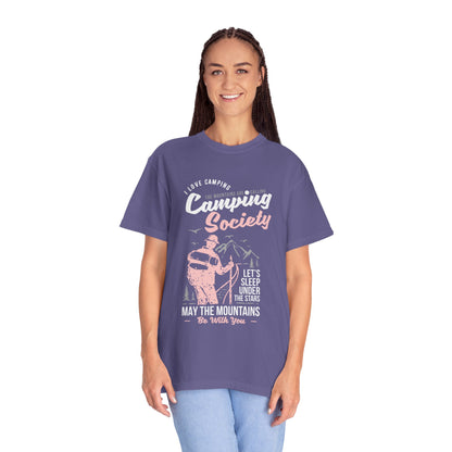 Funny Camping Society I Love Camping Enthusiastic Traveler Sarcastic Adventure Birds In The Mountains Unisex Heavy Cotton T-Shirt